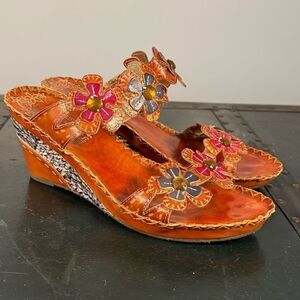 L'Artiste Spring Step Deandrea Wedge Sandal Orange Jeweled Leather Women 40 US